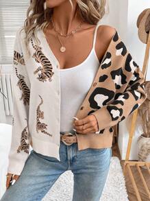 SHEIN LUNE 女式休闲豹纹虎纹长袖基本款开衫，秋冬 - 彩色 - 查看 5