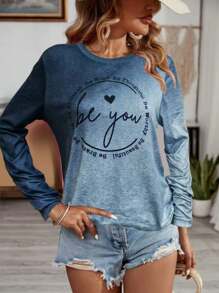 SHEIN LUNE Ombre Slogan Print Casual Long Sleeve T-Shirt - Grey - View 4