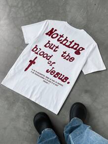 Manfinity EMRG 男士圆领短袖字母印花休闲 T 恤，男友礼物，适合外出 - 白色 - 查看 2