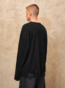 ROMWE MEN Grunge Punk Tricou cu mânecă lungă, cu gât crew, rupt, elegant, casual, confortabil, la modă