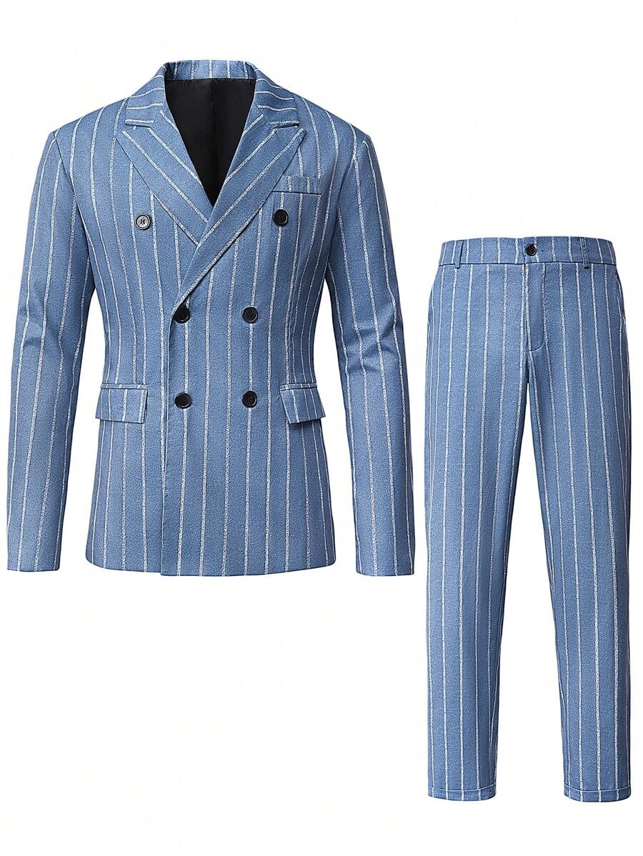 Manfinity Mode 2pcs Business Men Striped Lapel Collar Long Sleeve Blazer Jacket & Pants Set, Spring Autumn - Dusty Blue - View 1