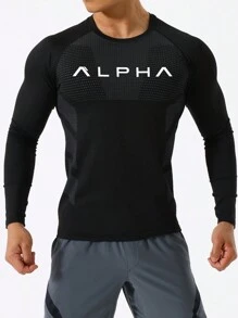 Gym Rark Boyfriend Style Men's Letter Print Slim Fit Long Sleeve Active T-Shirt Compression Shirt Men - Black - View 3