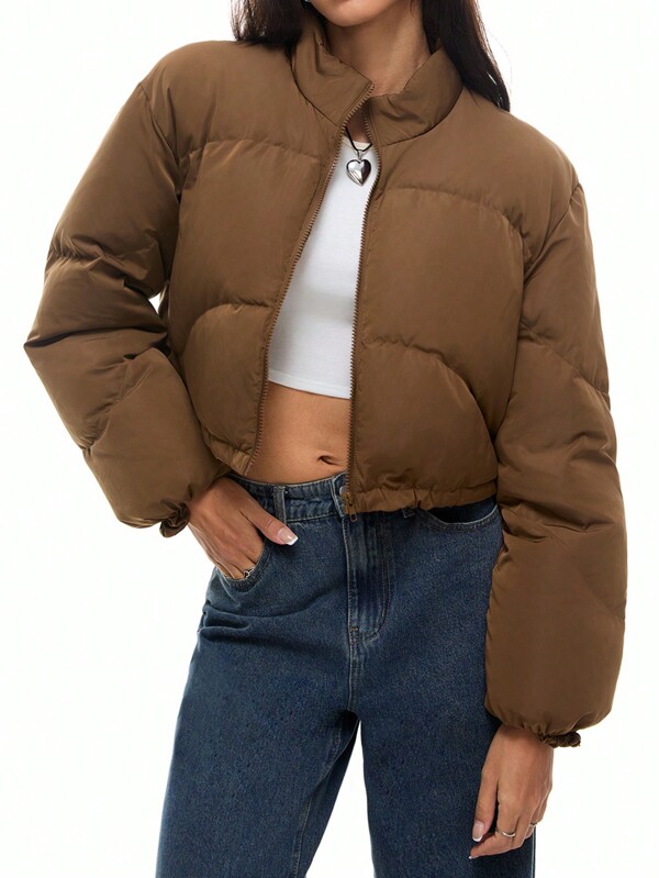 SHEIN EZwear Chaqueta de plumas de manga larga con cuello alto, cremallera y unicolor, otoño/invierno