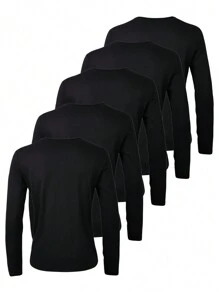 5pcs Classic Solid Color Knit Crew Neck Long Sleeve T-Shirts For Tween Boys, Autumn, School, Campus, College - Black - View 2