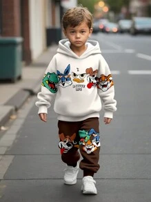 SHEIN Leap Crew Bộ 2 quần nỉ và áo hoodie in hình thỏ hoạt hình rộng rãi cho bé trai, áo hoodie chui đầu dáng rộng cho bé trai mặc dạo phố mùa thu/đông - Nhiều màu - Xem 1