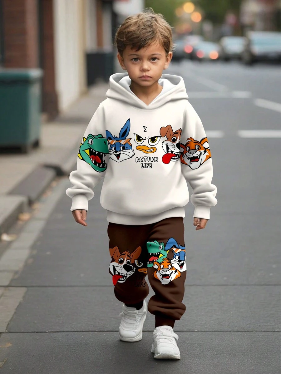 SHEIN Leap Crew Bộ 2 quần nỉ và áo hoodie in hình thỏ hoạt hình rộng rãi cho bé trai, áo hoodie chui đầu dáng rộng cho bé trai mặc dạo phố mùa thu/đông - Nhiều màu - Xem 1