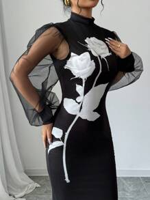 Firerie 女士花卉印花立领网纱灯笼袖优雅中长连衣裙 - 黑色 - 查看 4