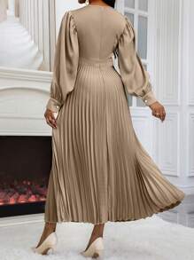 SHEIN Unity Women's Autumn Cinched Waist Pleated Puff Sleeve A-Line Dress Maxi Women Outfit - Khaki - View 2