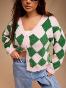 Forever 21 Plus Size Women Casual Dropped Shoulder Loose Checker Pattern Fluffy Knit Button Front Cardigan - Multicolor - View 2