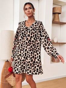 SHEIN VCAY Women's Autumn Leopard Print Frill Collar Long Sleeve Loose Fashion Dress - Multicolor - View 4