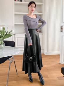 DAZY 1 pezzo Gonna a-line in ecopelle di colore unito con vita elastica, adatta per autunno e inverno - nero - Visualizzare 6