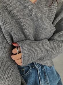 FRIFUL 女士落肩长袖交叉宽松休闲纯色毛衣，秋冬，长袖上衣 - 灰色 - 查看 6