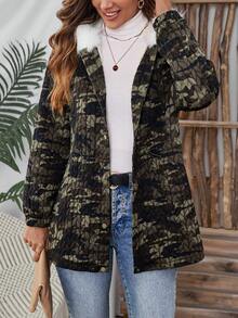 EMERY ROSE 女士迷彩图案长袖保暖内衬连帽宽松常规夹克，冬季 - 軍綠色 - 查看 5