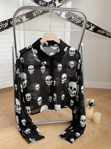 Comfortcana Skeleton Print Chiffon Cropped Long Sleeve Blouse For Halloween