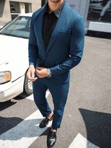 Manfinity Bizformal Men's Plain One Button Long Sleeve Blazer Jacket And Pocket Suit Pants Formal Casual Suit Set