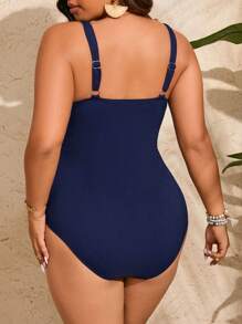 SHEIN Swim Curve Plus Size Solid Color Ruched Camisole One-Piece Baddräkt Sommar - Marinblå - Visa 2