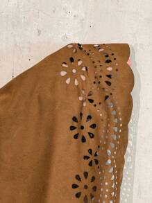 SHEIN LUNE 大码女式纯色激光镂空长款优雅半身裙 - 卡其色 - 查看 3