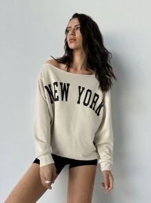 Aloruh Women's Fall Top Fashion Commuting Casual Loose Daily Sports Street Asymmetric Collar Drop Shoulder Loose Letter Print Long Sleeve Knitted Sweatshirt Apricot Sweatshirt Thin Sweatshirt Top, Spring And Autumn