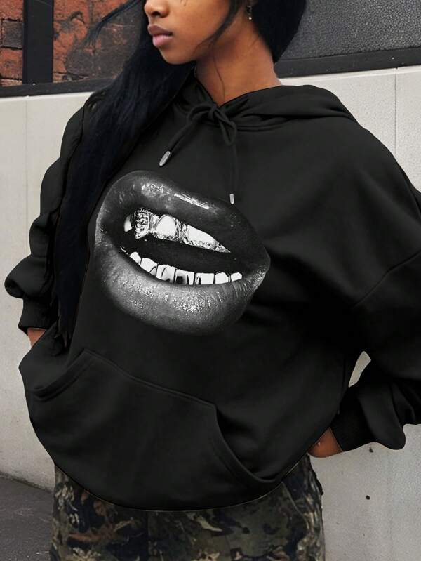 Slaydiva Casual Sexy Lip Pattern Loose Hooded Long Sleeve Pullover Sweatshirt For Women, Autumn/Winter