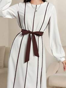 Seusyu Women's Extra-Long Elegant Modest Arabic Wrap Waist Contrast Trim Dress - White - View 7
