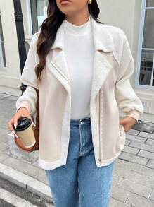 SHEIN Frenchy Plus Size Women's Patchwork Fabric Lapel Raglan Sleeve Zip Up Jacket In Fall/Winter - Apricot - View 4