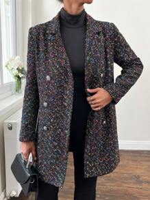 SHEIN Cottnline Double Breasted Plaid Tweed Coat For Autumn & Winter - Black - View 6