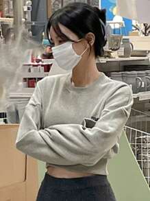 DAZY 女士高腰短款运动衫，修身款，长袖上衣，秋季服装 - 灰色 - 查看 8