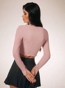 SURIMA Camiseta de manga larga con cuello en forma de lazo tejida con costillas de color rosa para mujer, top de regreso a casa de otoño/invierno de manga larga color rosa