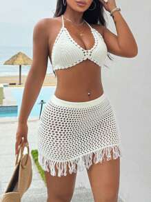Women Beach-Style Crochet Knitted Set With Tassel Decoration - 白色 - 查看 4