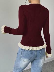 Elenzga Gerimpelde rand, contrasterende kleur gebreide cardigan, tops met lange mouwen