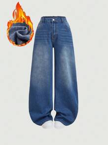 SHEIN MOD Plus Size Casual Loose Straight Leg Blue Baggy Jeans Y2k Hollowed Costumes Christmas Women Clothes Thanksgiving Women Outfit Homecoming Winter Clothes Cowgirl Costume Fleece