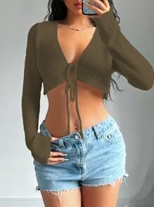 SHEIN Unity 女士纯色长袖前系带短款开衫，秋季休闲款 - 咖啡棕 - 查看 5