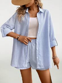 SHEIN PETITE Women's Fashion Vertical Striped Shirt Shorts Suit Commuting Simple Office Simple - Blue and White - View 8