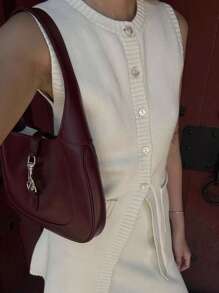 SHEIN Frenchy Women's Solid Color Single-Breasted Pocket Casual Knit Sweater Vest, Fall/Winter - Beige - View 5