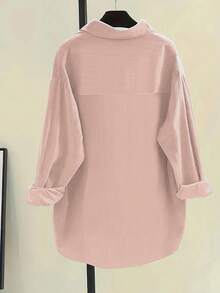 女士休闲简约纽扣宽松落肩衬衫，适合秋季，长袖上衣 - 淺粉色 - 查看 3