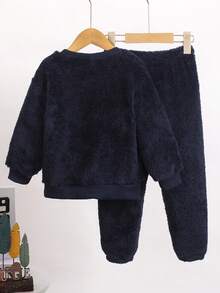 SHEIN 年轻男孩休闲简约基本款柔软羊毛保暖英文字母钴蓝色运动衫和裤子套装，适合秋冬季 - 藏蓝色 - 查看 2