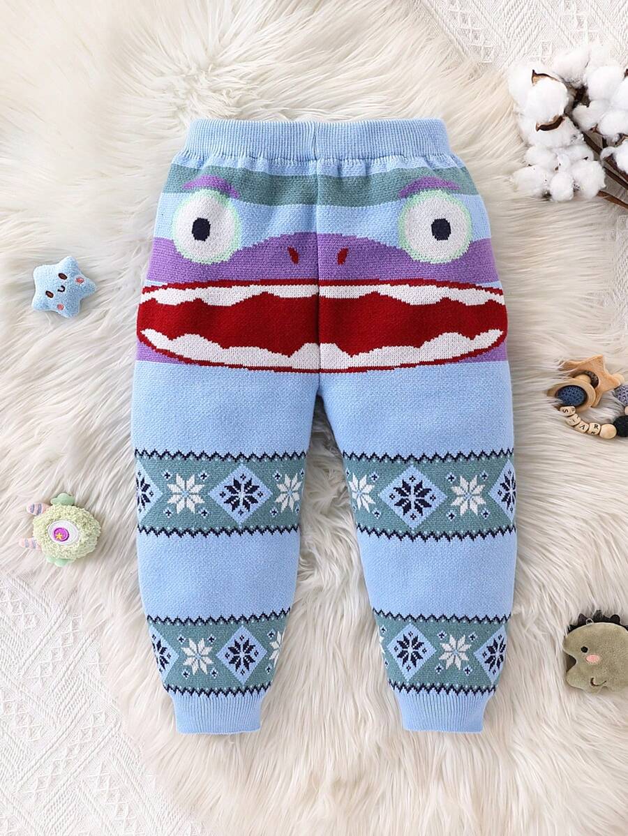 Baby Boys Knit Pants, Thick & Comfortable, Warm For Autumn & Winter, Cartoon Pattern, Cute & Fashion , Suitable For Daily Wear, Indoor, Outdoor & Travel, For Christmas