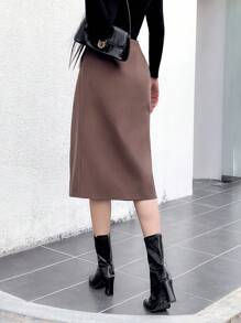 SHEIN Unity 女士休闲秋季侧拉链开衩下摆 A 字裙 - 棕色 - 查看 2
