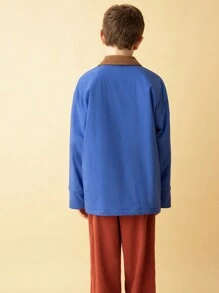 SHEIN Tween Boys' Blue Collared Long Sleeve Casual Basic Warm Jacket For Autumn & Winter - Blue - View 2