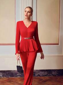 ZEYLAH SOLID V-NECK RHINESTONE DETAIL PLISSE PANEL PEPLUM TOP - Red - View 9