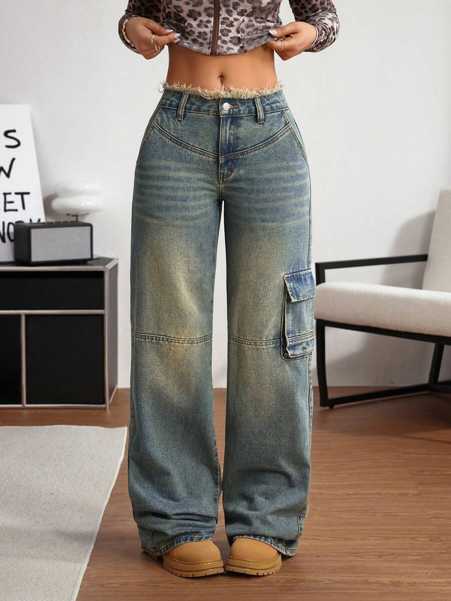 SHEIN Tall 女式休闲水洗宽松喇叭形磨边牛仔裤，秋季 - 藍色 - 查看 1