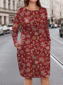 Glamance Polina Brazil Vrouwen Bordeauxrode jurken in grote maten, lange mouwen, ronde hals, boho, bloemenprint, effen, zomeroutfits voor vrouwen, zomerjurk voor vrouwen, zomerjurk voor vrouwen, vakantiejurk voor uitgaan
