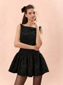 Enchnt Đầm mini thanh lịch không tay họa tiết hoa jacquard cỡ lớn cho nữ - màu đen - Xem 4