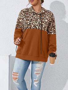 SHEIN LUNE 大码女式春秋豹纹抽绳休闲运动衫 - 咖啡棕 - 查看 6