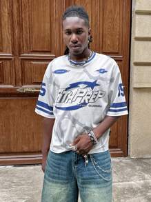 AXEPEAK Maglietta a maniche corte casual da uomo stile ampio, stile maglina, con stampa a lettere, ispirata allo streetwear estivo per la scuola