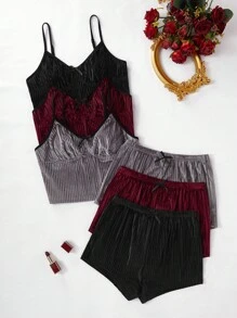 6pcs Solid Color Velvet Cami Top & Shorts Set Cozy Outfit, Fall Winter Clothes, Fluffy Pajama