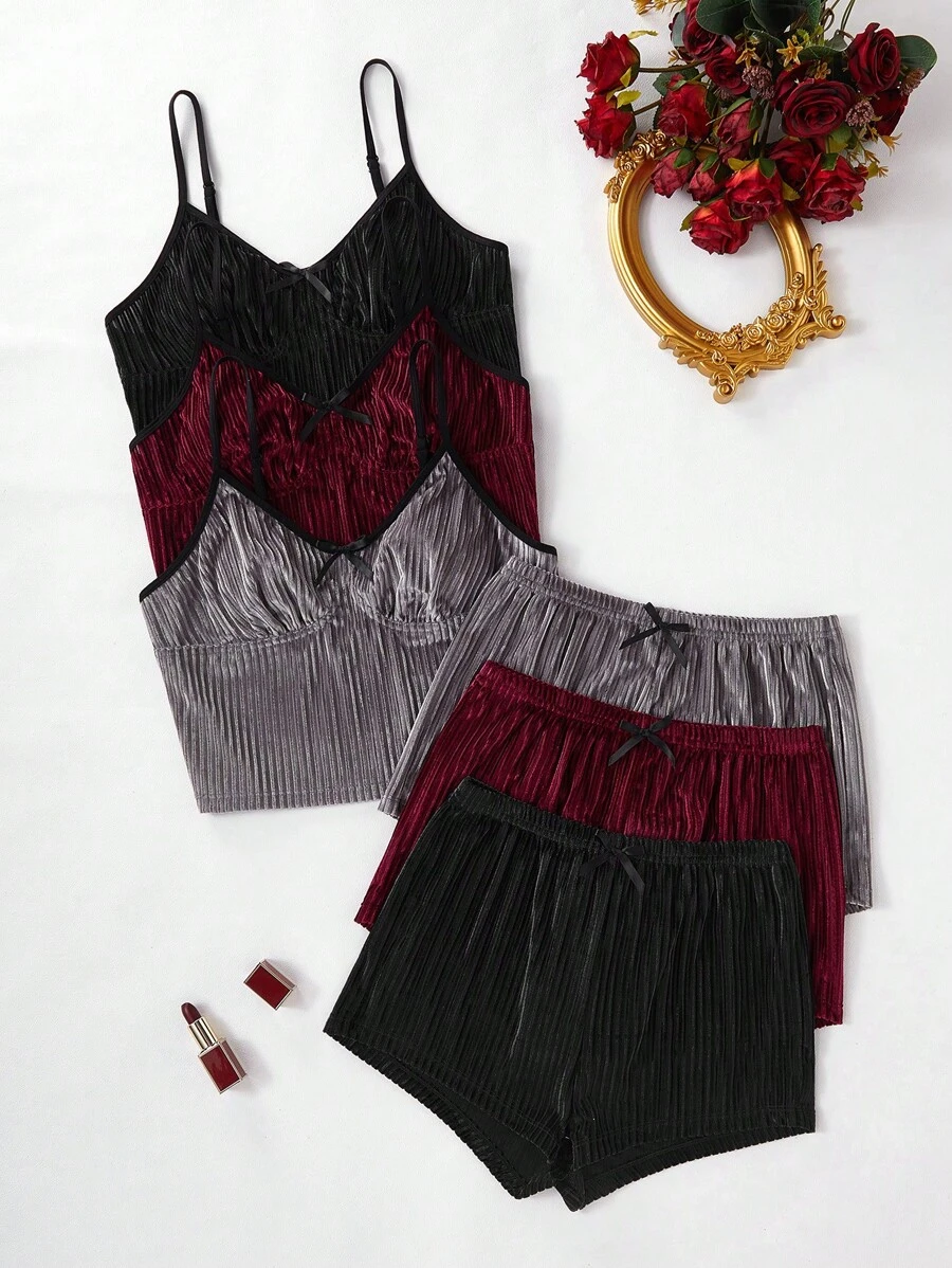 6pcs Solid Color Velvet Cami Top & Shorts Set Cozy Outfit, Fall Winter Clothes, Fluffy Pajama