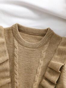 SHEIN Vintaside Kids 2 件套年轻女孩秋冬针织毛衣套头衫和弹力喇叭裤，花卉荷叶边白色百搭返校时尚休闲巴洛克风格标志性服装，适合居家、旅行、聚会、购物 - 卡其色 - 查看 5