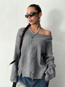 SHEIN Unity 女士秋冬纯色落肩长袖宽松休闲毛衣 - 灰色 - 查看 6