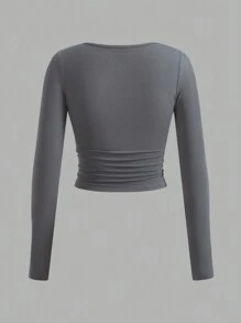 SHEIN EZwear 3 chiếc áo thun dài tay cổ vuông nhún eo cơ bản cho nữ, hàng mới về - Nhiều màu - Xem 7